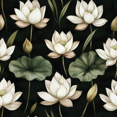 Wall Mural - Serene lotus flowers with lush greenery in seamless pattern in summer