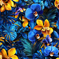 Wall Mural - Vibrant tropical pattern with blue orchids and yellow flowers in summer
