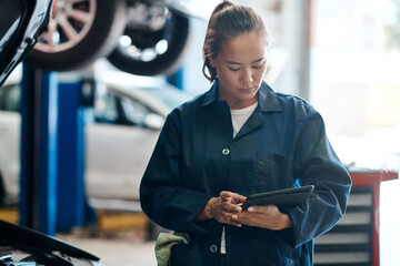 Aufkleber - Tablet, checklist and woman in garage with car service, maintenance or online motor insurance. Tech, engine and female mechanic in workshop on digital app for inspection, repair and quality assurance