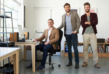 Poster - Creative agency, business people and colleagues in portrait for teamwork, branding project or startup. Office, men or graphic designers with confident, pride and collaboration in workplace with smile