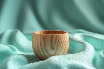 Poster - Small wooden bowl on a teal fabric background.