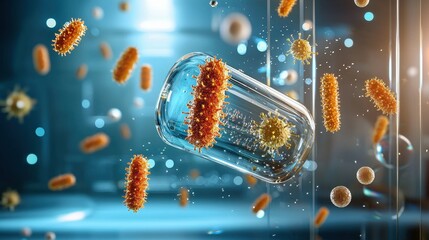 Poster - Colorful bacteria and viruses suspended in a glass capsule, showcasing microbial life.