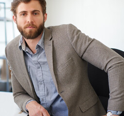 Poster - Portrait, serious and man in business, professional and writer with confidence, working and desk. Project, face and person with pride, ambition and employee in media agency, deadline and journalist