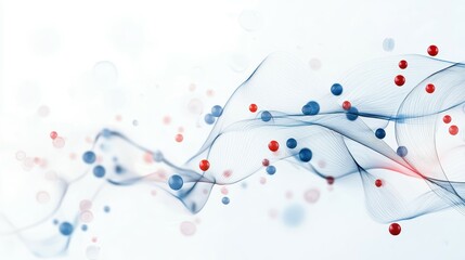 Poster - Abstract waves of blue and red particles on a soft white background.