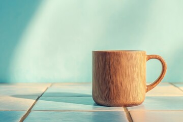 Poster - Wooden mug positioned on a tiled surface, bathed in sunlight.