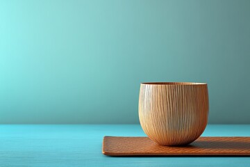 Poster - Empty wooden bowl on a teal tray.