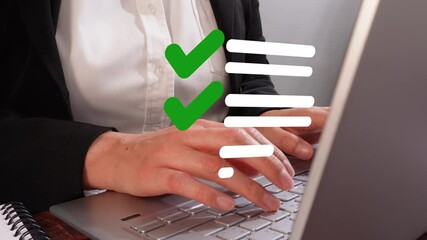 Poster - Woman's hands working on computer, green paragraph and check mark icon