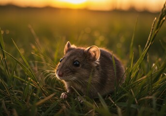 adorable small mouse in golden sunset grass meadow rat cute tiny wild field light image fauna rodent