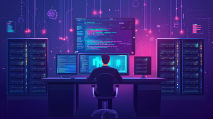 Poster - High-Tech Data Center Server Control: IT Specialist Administrator Working on Computer, Screen Showing Big Data AI Analysis and Code. Web Services, Machine Learning, Analytics Facility, Cyber Security