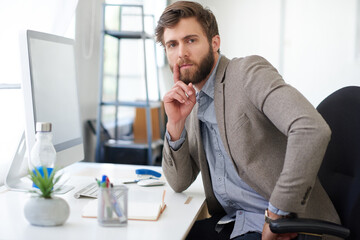 Aufkleber - Portrait, confidence or businessman in startup on computer for copywriting, editing or creative agency for media. Office, news research and journalist on pc for publication website, press and blog