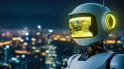 Poster - Futuristic humanoid robot with sleek design in urban night setting highlighting advanced technology and modern cityscape 4k video
