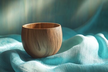 Poster - Wooden bowl resting on a teal fabric surface.