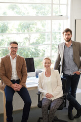 Poster - Business people, happy and teamwork portrait in office with career confidence, startup pride or creative. Collaboration, designer and smile at advertising agency for project management or partnership