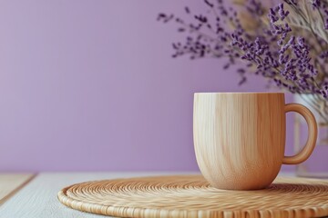 Poster - A light wooden mug sits on a woven placemat near lavender blossoms.