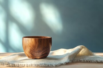 Poster - Empty wooden bowl on a linen cloth, soft light, simple scene.