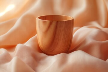 Poster - Empty wooden cup on peach fabric backdrop.