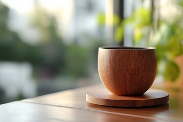 Poster - Wooden teacup resting on a wooden coaster.