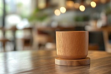 Poster - Wooden cup resting on a wooden coaster in a cafe.