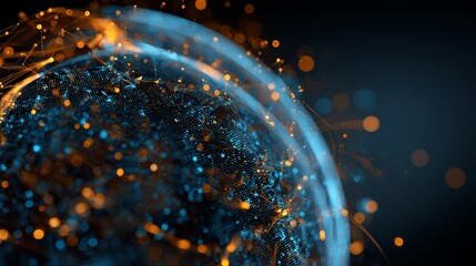 Poster - Global Digital Network Visualization – 3D Spherical Data Representation with Binary Overlay, Interconnected Nodes, Futuristic Technology, Glowing Particles, Cybersecurity Theme, and High-Contrast Blue