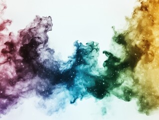 Poster - Ethereal Swirl of Vibrant Smoke with Gradients of Purple Blue Green and Yellow on White