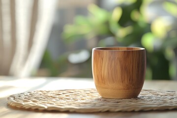 Poster - Wooden cup sits on a woven placemat.