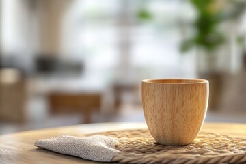 Poster - Light wooden cup sits on a woven placemat in a home setting.
