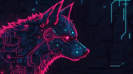 Leinwandbilder - Futuristic Cyber Wolf with Digital Circuitry and Neon Colors in a Dark Setting 4k video