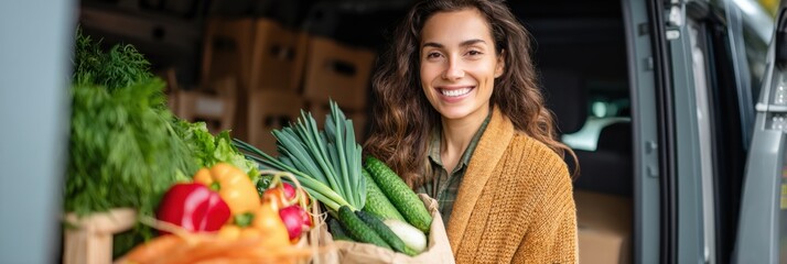Aufkleber - Smiling Woman Happily Receiving Fresh Groceries From Delivery Van During Daytime at Her Home Generative AI