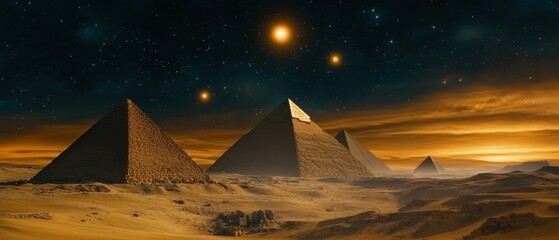 majestic pyramids of giza under a starry night sky scenic desert landscape with ancient egyptian arc