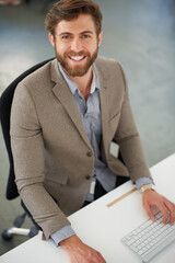 Aufkleber - Businessman, portrait and smile in modern office or startup with graphic designer for creative employee in workplace. Cool, man and small business with confidence, happiness and entrepreneurship
