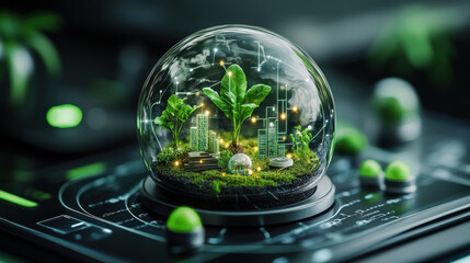 Poster - Futuristic terrarium encapsulates miniature cityscape with glowing technology, symbolizing sustainable development and climate change awareness. scene is vibrant and innovative