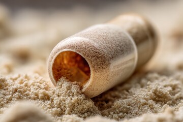 Aufkleber - Close up of Capsule Shell Showing Detailed Texture and Fine Powder in Natural Light on a Blurred Background Generative AI