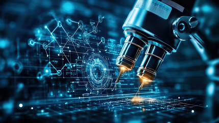 Aufkleber - Futuristic microscope analyzing digital data with glowing circuits, symbolizing advanced technology and automation in scientific research. image conveys innovation and precision