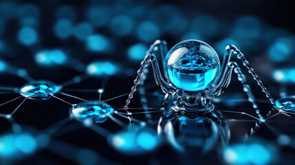 Leinwandbilder - Futuristic digital spider made of glass and metal stands on glowing network, symbolizing cybersecurity and connectivity. scene is illuminated with blue light, creating high tech atmosphere