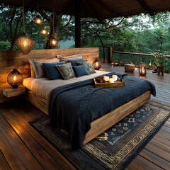 Poster - Cozy outdoor bedroom with wooden bed, blue and beige bedding, and decorative pillows is set on wooden deck surrounded by lush greenery. Warm lighting and candles create serene atmosphere