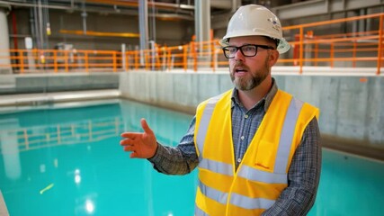 Poster - Engineer with safety gear overseeing water treatment facility process in modern industrial setting 4k video