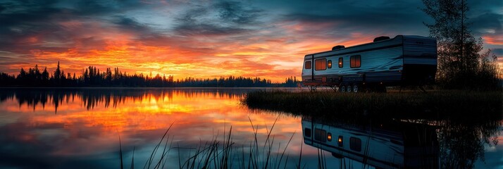 Aufkleber - Travel Trailer Parked by Tranquil Lake During Vibrant Sunset With Stunning Reflection Generative AI