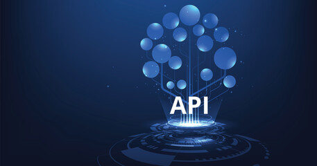 Leinwandbilder - Application Programming Interface (API) concept. Software development tool, information technology, modern technology, internet and networking concept on a dark blue background.	
