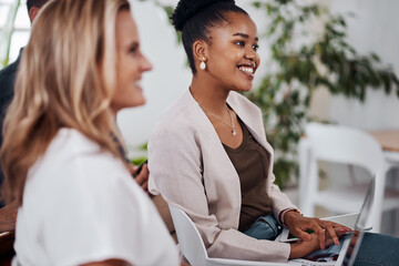 Aufkleber - Business woman, seminar and meeting with audience, happy and company workshop with staff. Working, job convention and listening to presentation with team and smile at public relations office