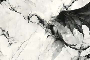 Poster - Striking black and white creature design on a marble-like surface.