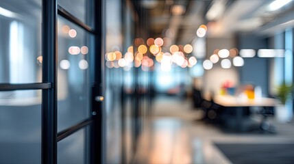 Dynamic office environment with blurred interior background and doorway modern workspace contemporary style