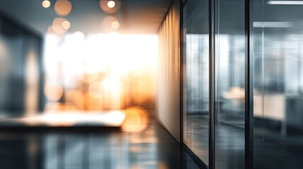 Dynamic office scene with blurred background and doorway modern workspace bright environment
