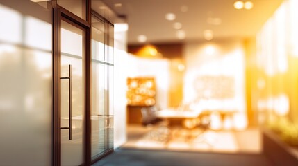 Office door entry modern workplace blurred background bright interior professional environment