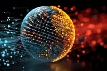 Poster - Symbolic Globe Encased in Split Sphere of United States and China Digital Mesh Represents Global Digital Connection and Competition Generative AI