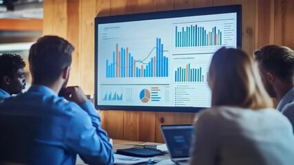 Poster - Data analysis meeting with graphs and charts on screen in modern office setting depicting business strategy discussion 4k video
