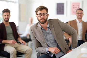 Poster - Men, confidence and creative team in portrait for startup, mentor or collaboration in office. Group, male designers and leadership in workplace for success, small business and training or development