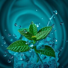 Poster - An artistic macro shot of water droplets bursting around fresh mint leaves, with ice fragments glistening under cool lighting