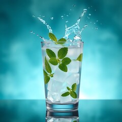 Poster - A stylish composition of mint leaves floating among ice cubes in a glass, with water splashing outwards against a dreamy teal and blue abstract backdrop. Cinematic lighting, ultra-realistic textures, 