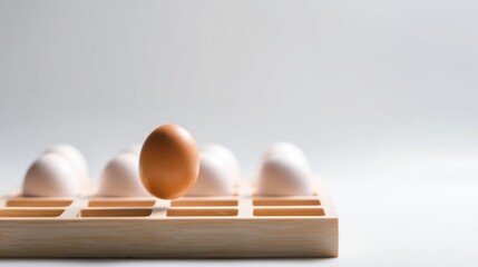 Poster - Wooden tray holding fresh eggs with neutral background creating a natural and wholesome atmosphere