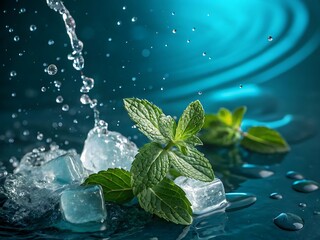 Poster - An artistic macro shot of water droplets bursting around fresh mint leaves, with ice fragments glistening under cool lighting